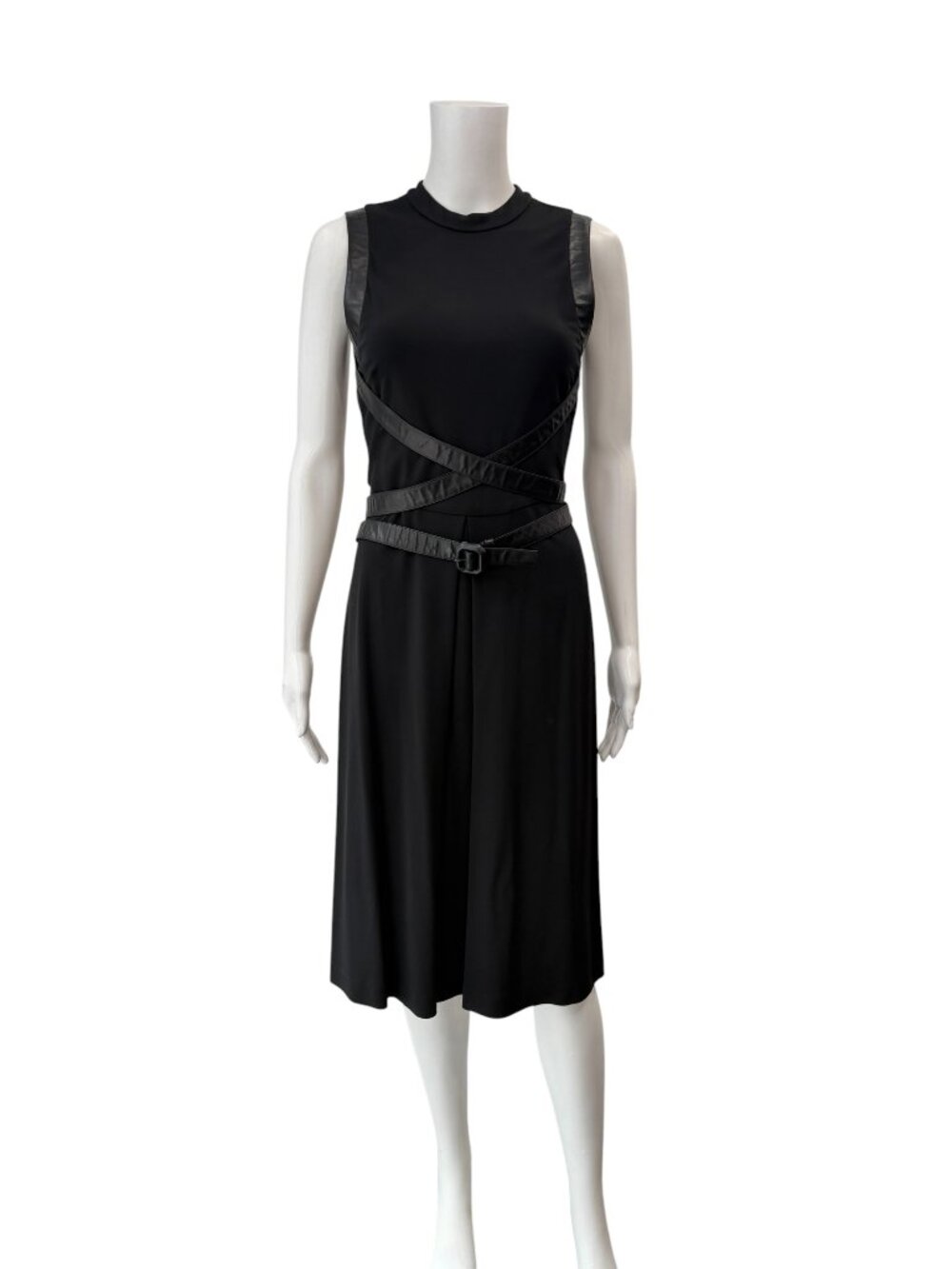 $1850 Gucci Black Leather Belted Criss Cross Midi Dress size Medium